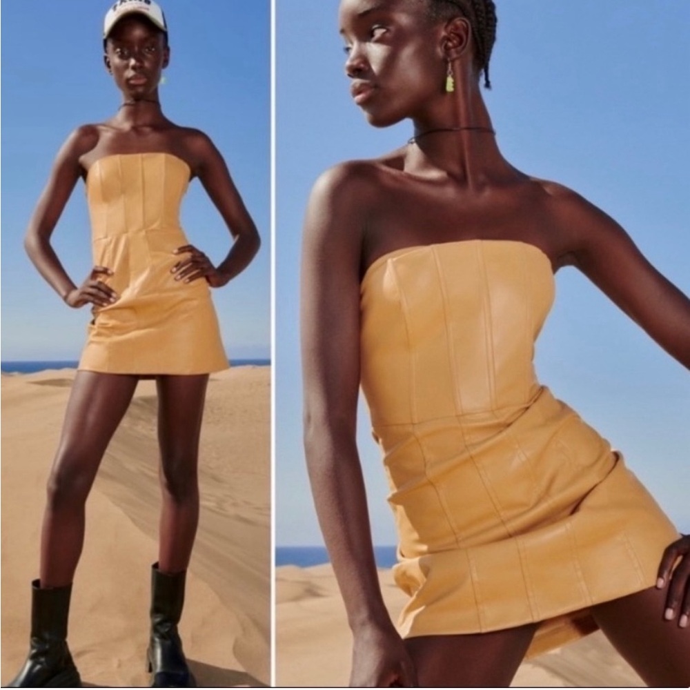 Mustard leather tube dress from Zara